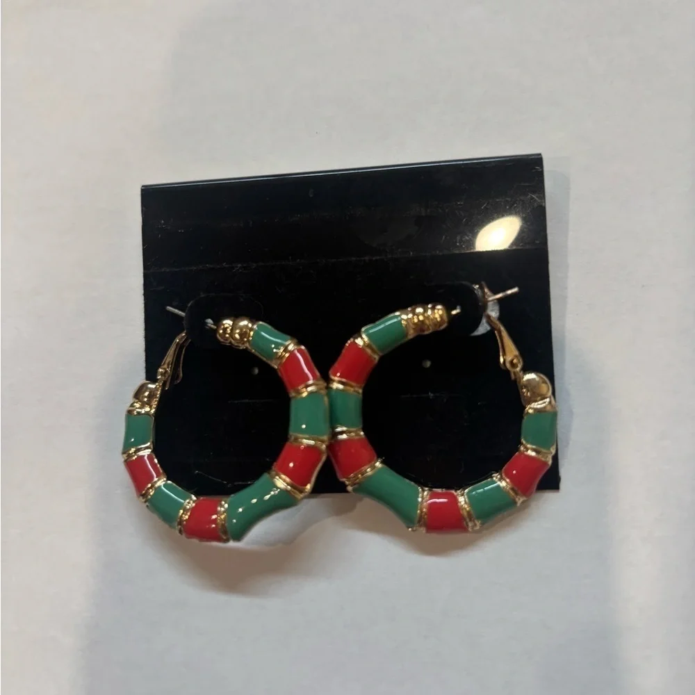 Gold and Green Hoop Earrings